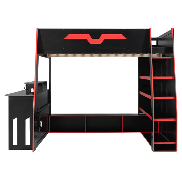 English Elm Full Size Wood Loft Bed with Rgb Lighting Desk and Multi-tier Shelves for Gaming Red LT000374AAR