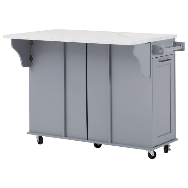 English Elm K&K Vintage Convex Kitchen Island Cart with Faux Marble Top, Tilt Trash, Pull-Out Organizer, Wheels Grey+Blue N707P299008G