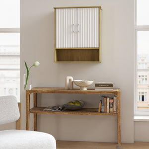 English Elm Bathroom Wall Cabinet White & Natural Wood with Wavy Doors, Adjustable Shelf, Bottom Storage, Easy Install W3151P288945