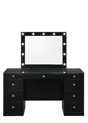 English Elm 2pc Vanity Set with LED Lighted Mirror Glass Top, 5 Drawers with Crystal Knobs and Stool Black 59.96 L x 25.87 W x 2 H B2741S00143