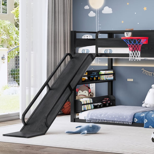 English Elm Twin Xl Metal Loft Bed with Climbing Wall Slide Basketball Hoop and Bookshelves W1580S00588