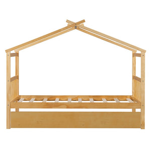 English Elm Twin House Bed Solid Pine Cottage Frame with Pull Out Trundle for Kids Bedroom Natural N708P309238M