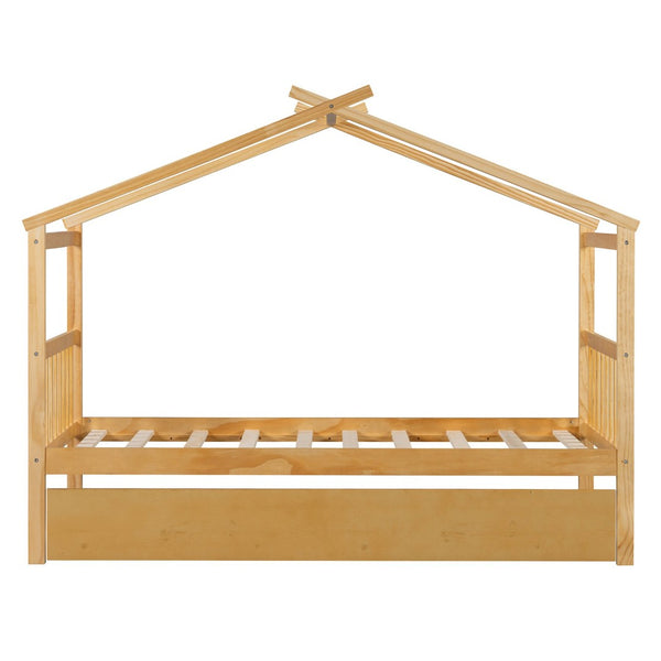 English Elm Twin House Bed Solid Pine Cottage Frame with Pull Out Trundle for Kids Bedroom Natural N708P309238M