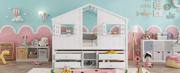 English Elm Full Size House Loft Bed With Roof & Windows, 4 Storage Drawers, Pine Wood, Safe Guardrails & Ladder W504S00242