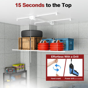 English Elm Overhead Garage Storage Rack with Crank Lift 270lb Steel Platform for High Ceilings W2700P346224
