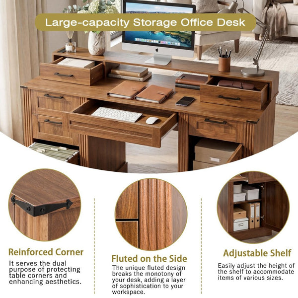 English Elm 59" Fluted Oak L-shaped Corner Desk with Charging Station Monitor Stand and File Storage Dark Walnut W2917S00007