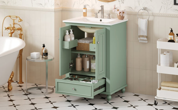 English Elm 24'' French Style Bathroom Vanity with Ceramic Sink Soft Close Cabinet and Drawer Green N710P411227F