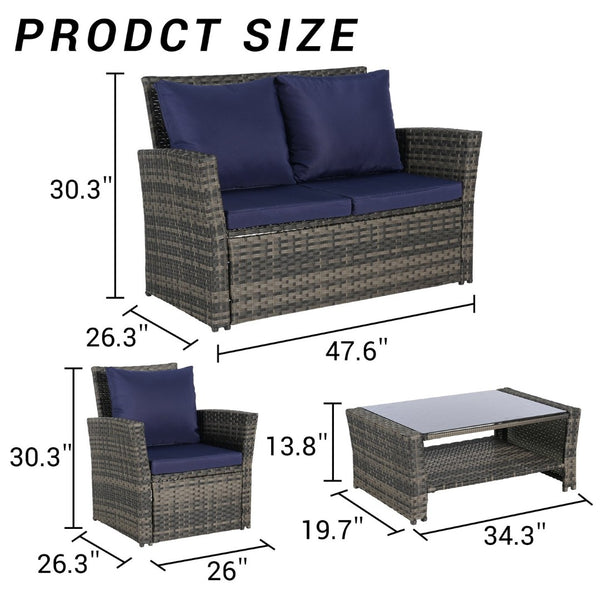 English Elm 4 Piece Outdoor Pe Rattan Wicker Patio Set with Tempered Glass Table Poolside Dark Blue W874P266301