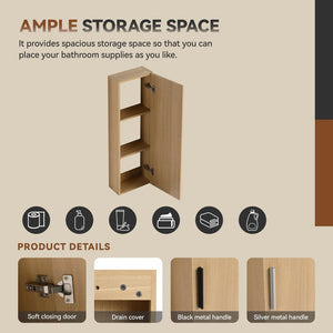 English Elm 12" Wall-mounted Oak Plywood Bathroom Linen Cabinet Slim Floating Single Door Storage W3450P440605