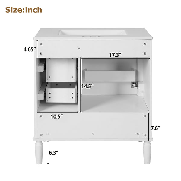 English Elm 30" Elegant Bathroom Vanity with Ceramic Sink, Soft-Close Door & 3 Drawers, Gold Handles, Durable Finish White N729P184479K