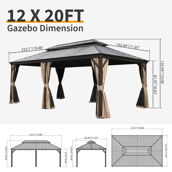 English Elm 12' X 20' Hardtop Gazebo - Durable Metal Canopy With Drainage, Curtains & Netting For Outdoor Comfort W1859S00145