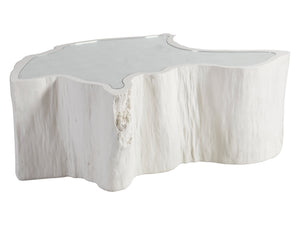 Lexington Artistica Home Capitola Asymmetrical Cocktail Table - Stunning Organic Design With Antique Silver Leaf Glass Top White Wood 2356-949