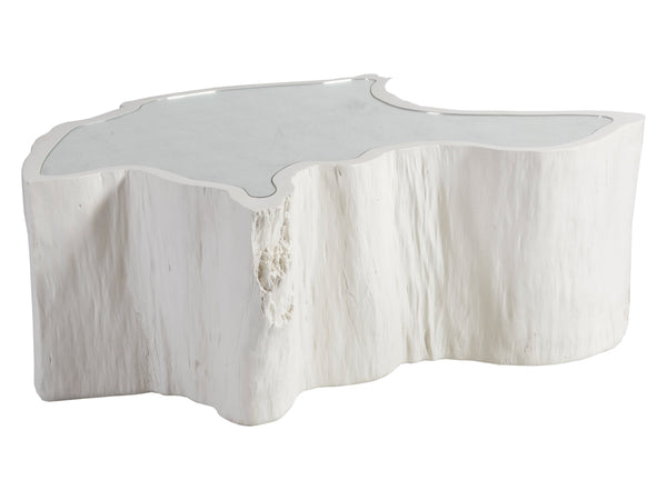 Lexington Artistica Home Capitola Asymmetrical Cocktail Table - Stunning Organic Design With Antique Silver Leaf Glass Top White Wood 2356-949