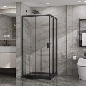 English Elm Goodyo Corner Shower Stall Tempered Glass Sliding Door Matte Black Base Included W1223S00041