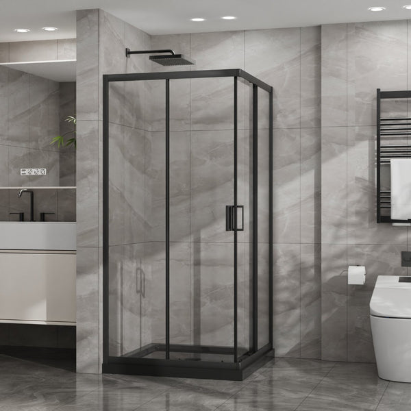 English Elm Goodyo Corner Shower Stall Tempered Glass Sliding Door Matte Black Base Included W1223S00041