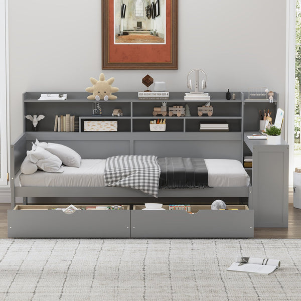 English Elm Wooden Twin Daybed with Built-In Desk, Side Shelves and Dual Drawers for Smart Space Saving Gray 54.9 L x 18.75 W x 5.6 H N733S241484E