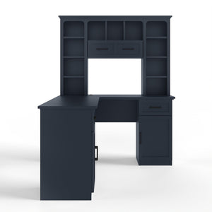English Elm L-shaped Home Office Desk with Open Shelves Flip Shelf Cabinets and Drawer Storage Antique Blue W1580S00494