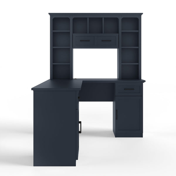 English Elm L-shaped Home Office Desk with Open Shelves Flip Shelf Cabinets and Drawer Storage Antique Blue W1580S00494