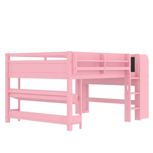 English Elm Twin Low Loft Bed Solid Pine Frame Kids Study Desk Blackboard Storage White Pink W1580S00300