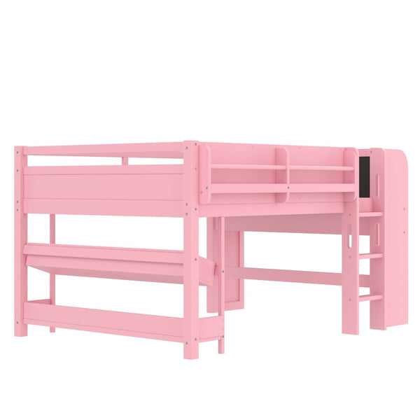 English Elm Twin Low Loft Bed Solid Pine Frame Kids Study Desk Blackboard Storage White Pink W1580S00300