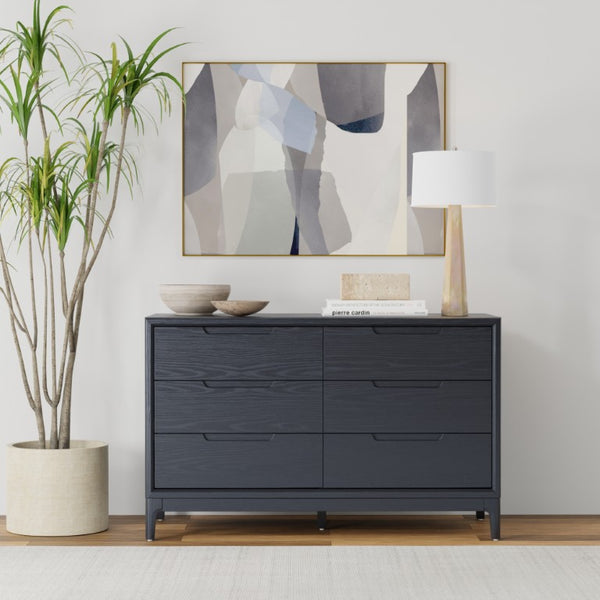Alpine Furniture June 60" Dresser With Soft-Close Drawers And Dovetail Joinery — Minimalist 6-Drawer Storage Console Vintage Black 2359BLK-73