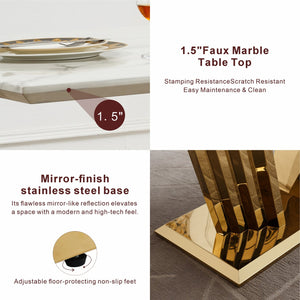 English Elm Marble Dining Table For 6-8 People - Elegant Faux Marble Top With Gold Mirrored Base For Modern Spaces W3456S00048