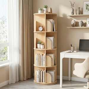 English Elm 3 Tier Spinning Round Bookcase Natural Wood Floor Shelf for Bedroom or Study W2989P460327