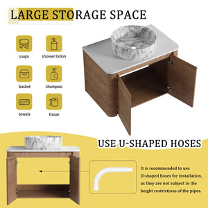 English Elm 30'' Wall-Mounted Bathroom Vanity With Elegant Ceramic Art Sink, Soft-Close Doors & Space-Saving Design W999S00390