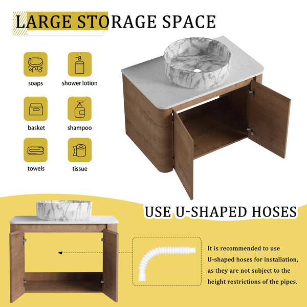 English Elm 30'' Wall-Mounted Bathroom Vanity With Elegant Ceramic Art Sink, Soft-Close Doors & Space-Saving Design W999S00390