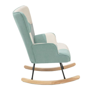 English Elm Rocking Chair With Ottoman - Cozy Mid-Century Patchwork Linen Rocker For Living Room & Bedroom Comfort W561P175990-GIGA