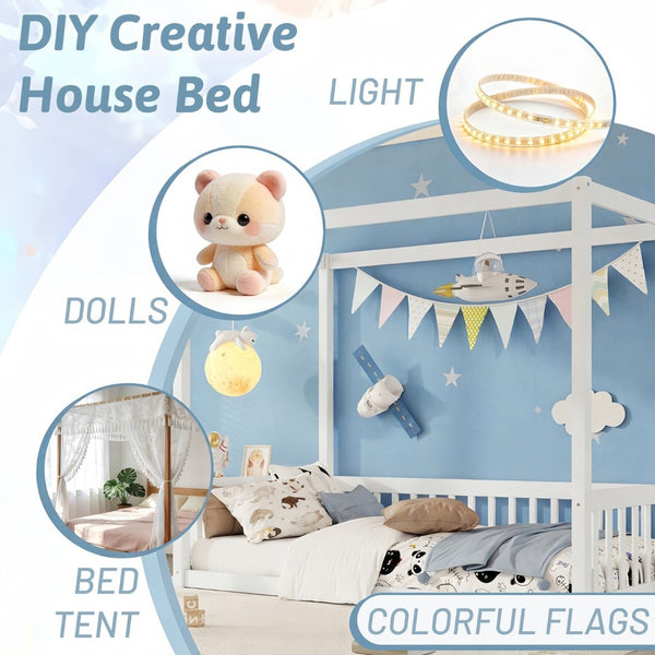 English Elm Twin Canopy Floor Bed Rubberwood Frame with Fence Guardrails for Kids Bedroom White W504P351802