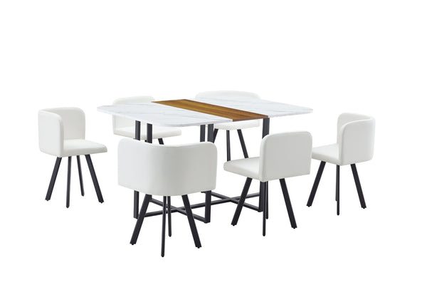 English Elm 7-piece Melamine Dining Set with Pu Cushioned Chairs and Iron Frame for Small Spaces W3875S00021