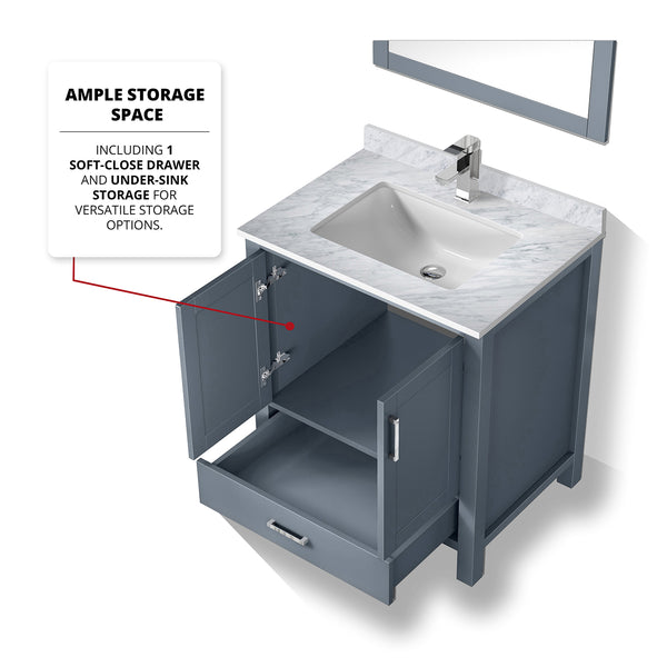 English Elm Dark Grey Bath Vanity Set With Carrara Marble Top, Chrome Faucet & Matching 28" Mirror - Stylish Upgrade! B2731S01250