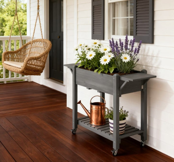 English Elm Convenient Carbonized Fir Wood Raised Planter Box with Wheels Side Tables and Storage T3971P423497