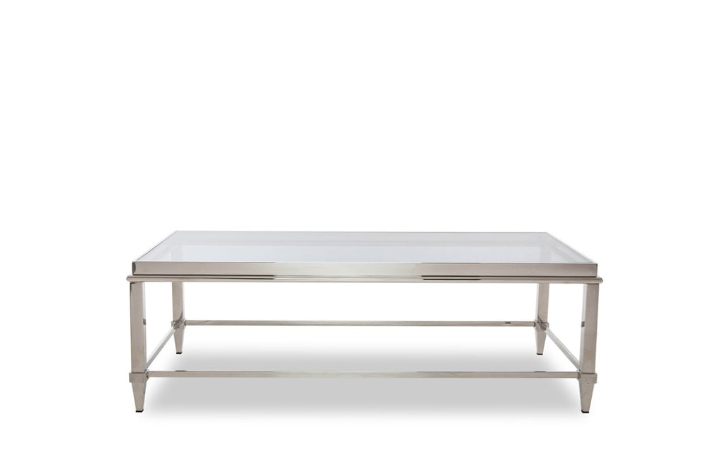 VIG Furniture Agar Grey Tempered Glass Coffee Table With Sculptural Stainless Steel Base, Fully Assembled, 55" X 28" VGHB235D
