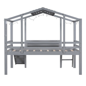 English Elm Twin House Loft Bed with Slide Chalkboard Panel and Led Roofline for Kids Gray WF324323AAE