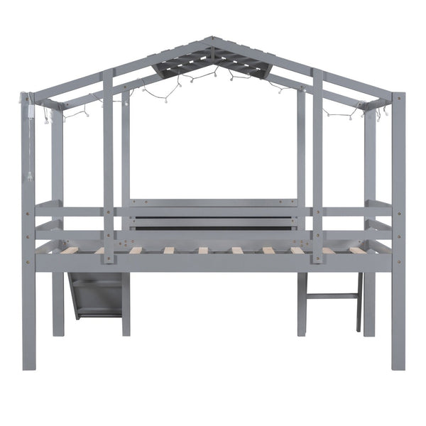 English Elm Twin House Loft Bed with Slide Chalkboard Panel and Led Roofline for Kids Gray WF324323AAE