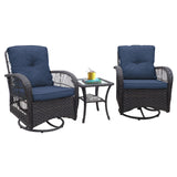 English Elm 3 Pieces Conversation Set, Outdoor Wicker Rocker Swivel Patio Bistro Set, Rocking Chair With Glass Top Side Table,Navy Blue