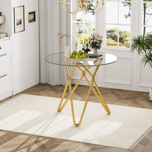 English Elm 35.4-Inch Round Tempered Glass Dining Table – Stylish Gold Finish For 1-4 People, Space-Saving Design W1162P306709
