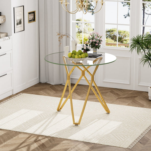 English Elm 35.4-Inch Round Tempered Glass Dining Table – Stylish Gold Finish For 1-4 People, Space-Saving Design W1162P306709