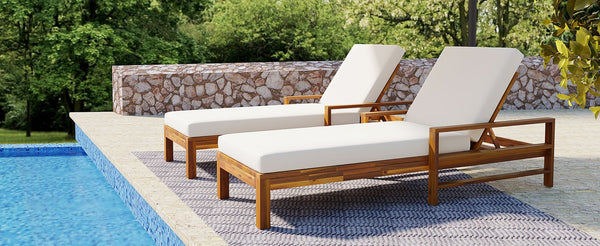 English Elm U_style Acacia Wood Outdoor Chaise Lounge Set of 2 Slatted Poolside Recliners WY000484AAA