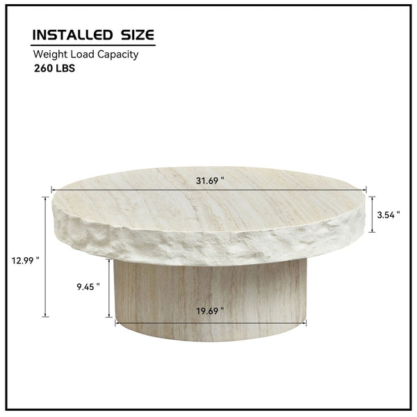 English Elm 31.69 Inch Round Fiberglass Coffee Table Sculptural Stone Finish for Modern Living Room W876P450501