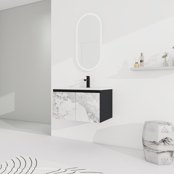 English Elm 30'' Modern Floating Wall-Mounted Bathroom Vanity With Ceramic Sink & Soft-Close Doors For Small Spaces W999S00212