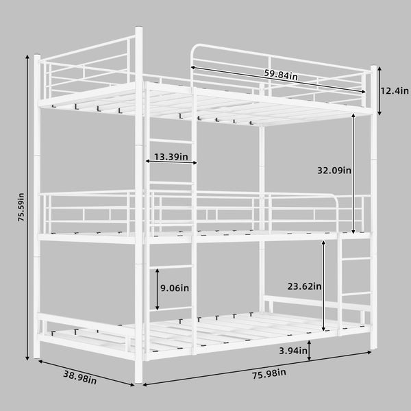 English Elm Heavy-duty Triple Bunk Bed Steel Frame with Full Guardrails and Dual Ladders White W1935S00006