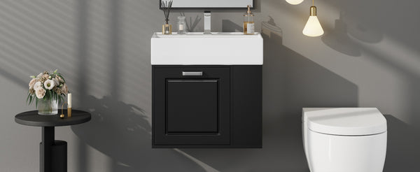 English Elm Christopher Knight Home® - 21.8" Wall-Mounted Bathroom Vanity with Ceramic Sink, Soft-Close Drawer, Adjustable Shelves & Tissue Holder Black N759P292550B