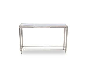 VIG Furniture Agar Grey Tempered Glass Console Table With Burnished Stainless Steel Base, Tapered Legs, Ready-Use VGHB235X