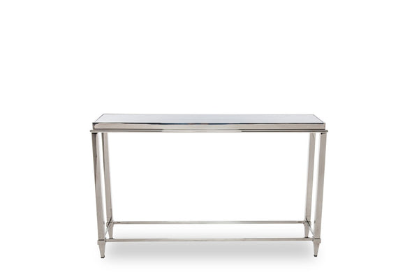 VIG Furniture Agar Grey Tempered Glass Console Table With Burnished Stainless Steel Base, Tapered Legs, Ready-Use VGHB235X
