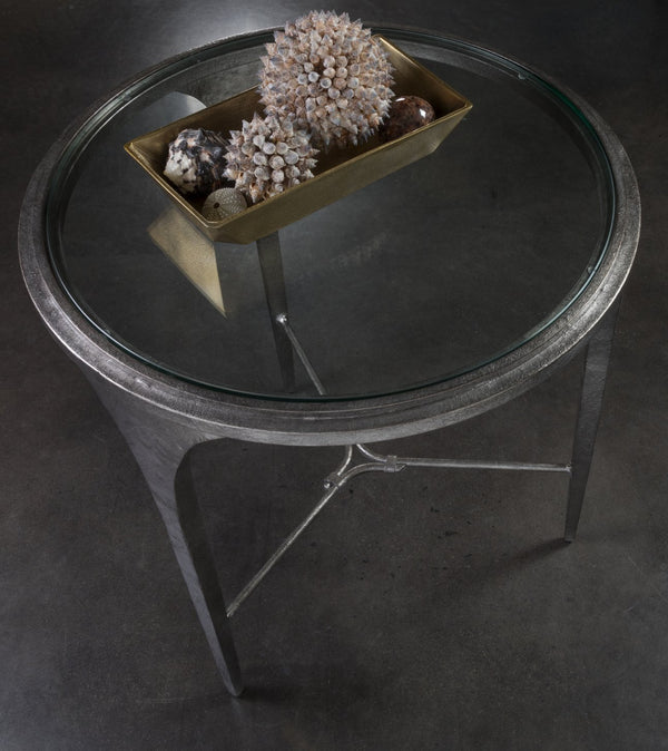 Lexington Artistica Home Porto Silver Round End Table - Hand-forged Iron Base With Textured Silver Leaf And Glass Top Design Silver Leaf Wood 2360-953