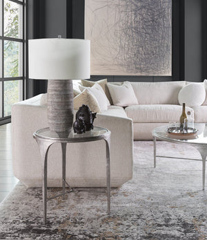 Lexington Artistica Home Porto Silver Round End Table - Hand-forged Iron Base With Textured Silver Leaf And Glass Top Design Silver Leaf Wood 2360-953