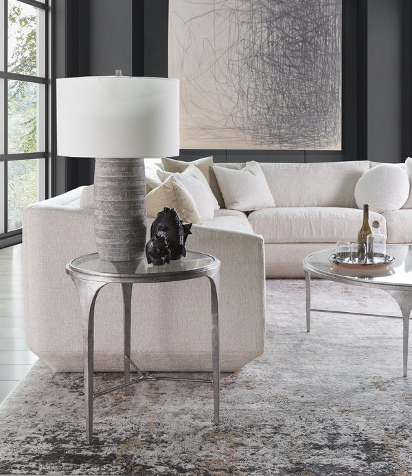 Lexington Artistica Home Porto Silver Round End Table - Hand-forged Iron Base With Textured Silver Leaf And Glass Top Design Silver Leaf Wood 2360-953